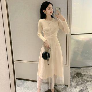Long-sleeve Mesh-panel Midi Knit Dress