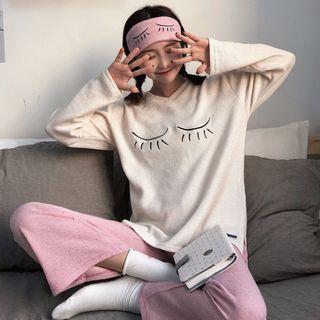 Loungewear Set: Eyelashes Embroidered Top + Pants + Eye Mask As Shown In Figure - One Size