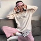 Loungewear Set: Eyelashes Embroidered Top + Pants + Eye Mask As Shown In Figure - One Size