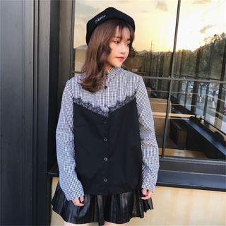 Mock Two-piece Long-sleeve Plaid Panel Shirt