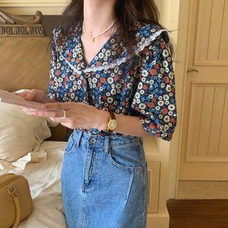 Short-sleeve Collared Floral Blouse
