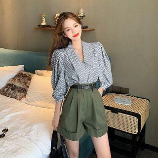 Chevron Puff-sleeve Blouse / High-waist Shorts