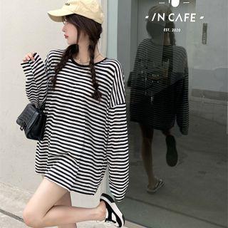 Long-sleeve Striped Loose-fit T-shirt Black & White - One Size