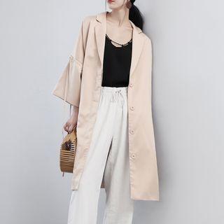 Drawcord 3/4-sleeved Lapel Long Windbreaker