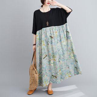 Elbow-sleeve Floral Print Panel Maxi A-line Dress Black & Green - One Size