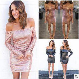 Off Shoulder Long-sleeve Sequined Dress