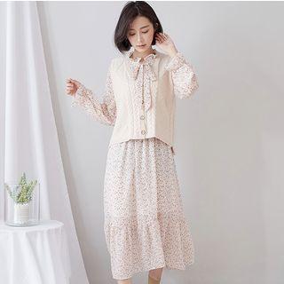 Set: Floral Print Tie-neck Chiffon Dress + V-neck Buttoned Knit Vest Almond Almond(22) - One Size