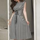 Sleeveless Lace-up Striped Dress