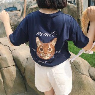 Short Sleeve Cat Embroidered T-shirt