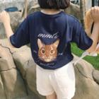 Short Sleeve Cat Embroidered T-shirt