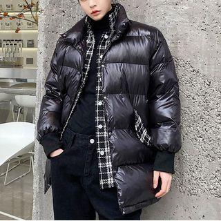 Plaid Panel Padded Mock Two-piece Jacket