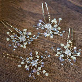 Wedding Faux Pearl Rhinestone Hair Stick Set Of 4 - Champagne - One Size