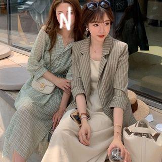 Long-sleeve Plaid Blouse / Long-sleeve Plaid Midi A-line Dress