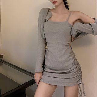 Set: Cropped Light Jacket + Spaghetti Strap Drawstring Mini Sheath Dress