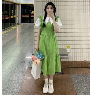 Sleeveless Ruffle Trim Midi A-line Dress / Short-sleeve Blouse