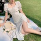 Short-sleeve Square-neck Dotted Side Slit Dress