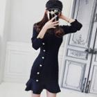 Long-sleeve Buttoned Mini Knit Dress Black - One Size