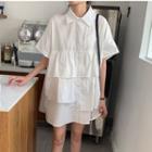 Elbow-sleeve Tiered Shirt Dress White - One Size