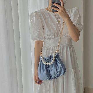 Faux Pearl Shirred Chain Crossbody Bag Ash Blue - One Size