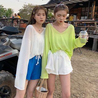 Long-sleeve Sheer Knit Top / Wide-leg Shorts