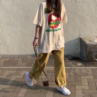 Elbow-sleeve Printed T-shirt Almond - One Size