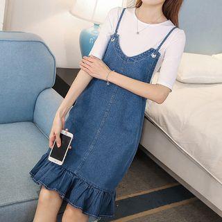 Ruffle Hem Strappy Denim Pinafore Dress