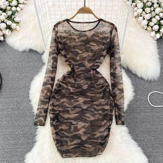 Long Sleeve Camouflage Mesh Sheath Dress Brown - One Size