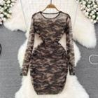 Long Sleeve Camouflage Mesh Sheath Dress Brown - One Size