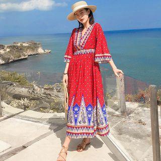Patterned 3/4-sleeve Midi Sundress
