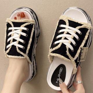 Platform Lace-up Frayed Canvas Slide Sandals