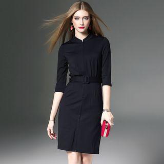 Elbow-sleeve Slit-hem Dress