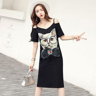 Short-sleeve Cutout Shoulder Cat Dress