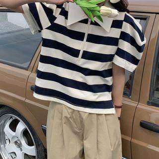 Elbow-sleeve Striped Zip Polo Shirt Stripe - One Size