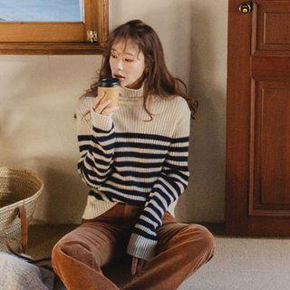 Turtle-neck Stripe Rib-knit Top Cream - One Size