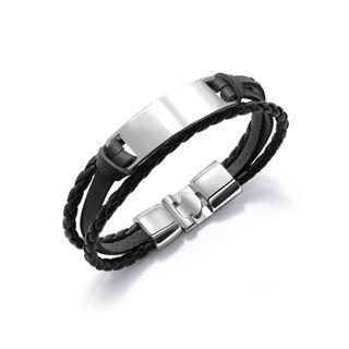 Fashion Elegant 316l Stainless Steel Geometric Rectangular Black Leather Bracelet Silver - One Size