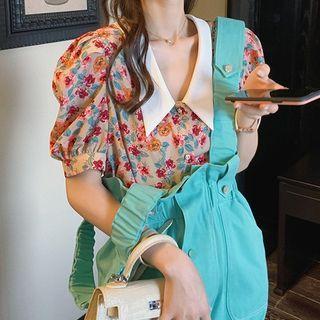 Contrast Color Floral Short-sleeve Blouse