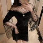 Long-sleeve Dotted Mesh Panel Shift Mini Dress