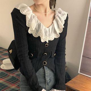 Long-sleeve V-neck Ruffle Cardigan