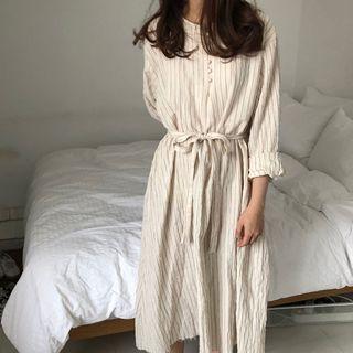 Long-sleeve Striped Band Collar Midi Shirt Dress