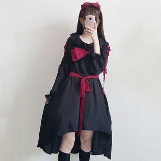Long-sleeve Bow-accent Asymmetric Hem A-line Dress Black - One Size