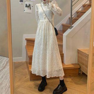 Long-sleeve Midi A-line Lace Dress / Long Coat