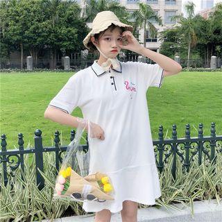 Flamingo Embroidered Short-sleeve Polo Shirt Dress