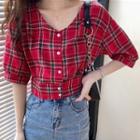 Plaid Elbow-sleeve Blouse Red - One Size
