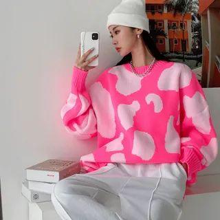Drop-shoulder Cow-print Knit Top