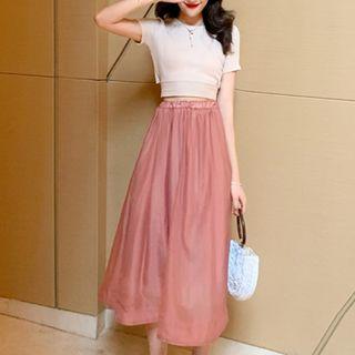 Tie-back Short-sleeve T-shirt / Midi A-line Skirt