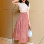 Tie-back Short-sleeve T-shirt / Midi A-line Skirt