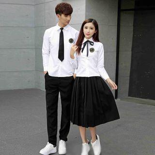Couple Matching Set: Shirt + Pleated Skirt + Bow / Set: Shirt + Pants + Tie