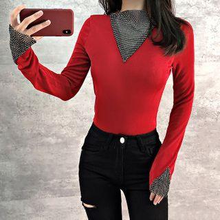 Long-sleeve Rhinestone Mesh Panel Top
