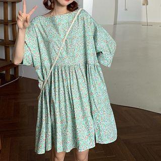 3/4-sleeve Floral Print A-line Mini Dress Green - One Size