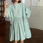 3/4-sleeve Floral Print A-line Mini Dress Green - One Size